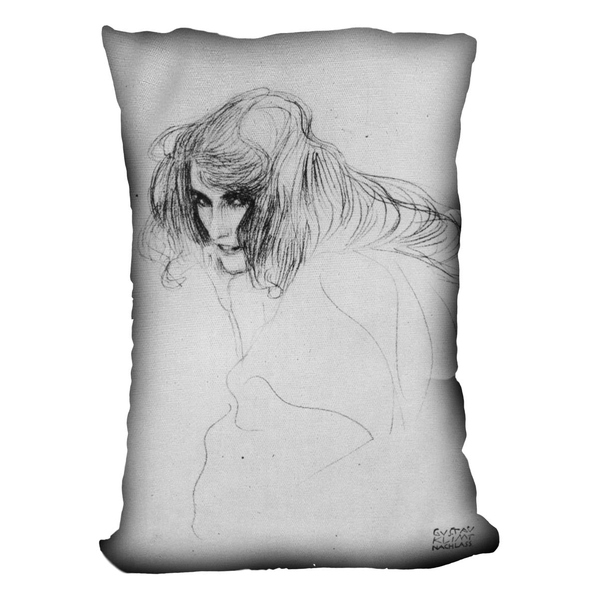 A vibrant cushion featuring a woman's head in three quarters profile, inspired by Klimt's artwork, made from luxurious vegan faux suede.